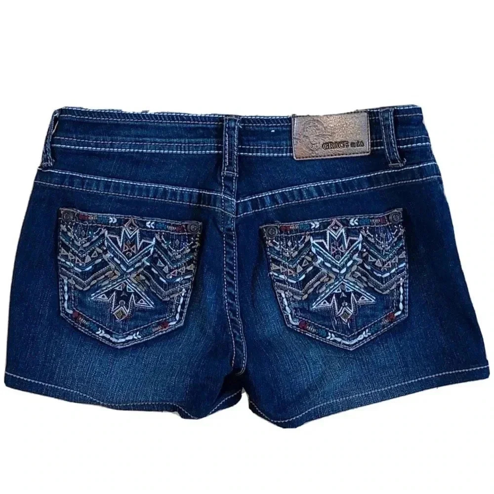 NWOT Grace in LA Denim Low Rise Jean Shorts 28 Aztec Embroidered Rhinestones